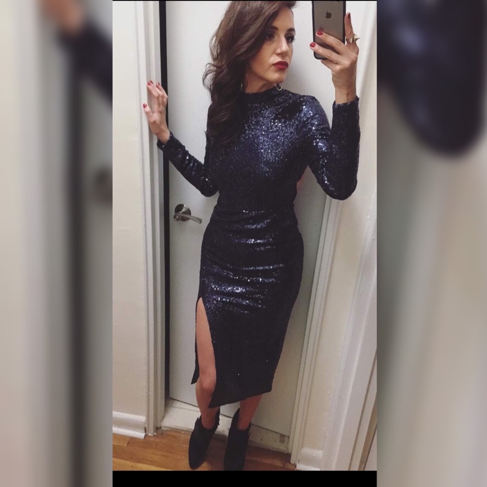 ASOS High Neck Open Back Navy Sequin Midi Dress